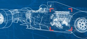 CAD Zeichnung eines Formel 1 Rennwagens mit einer roten Markierung um den Motor.